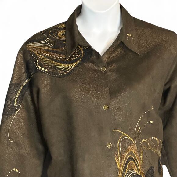 Chico’s Brown Embroidered Sequined Shirt Jacket XL Western Button Up Long Sleeve - Picture 4 of 9